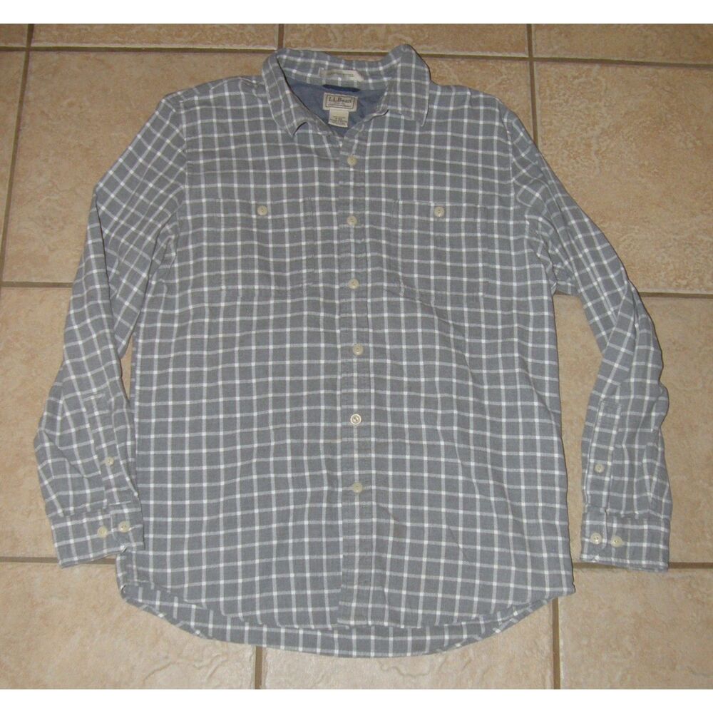 Mens Sz Medium Gray Plaid Button Up Long Sleeve Slightly Fitted Shirt L.L. BEAN